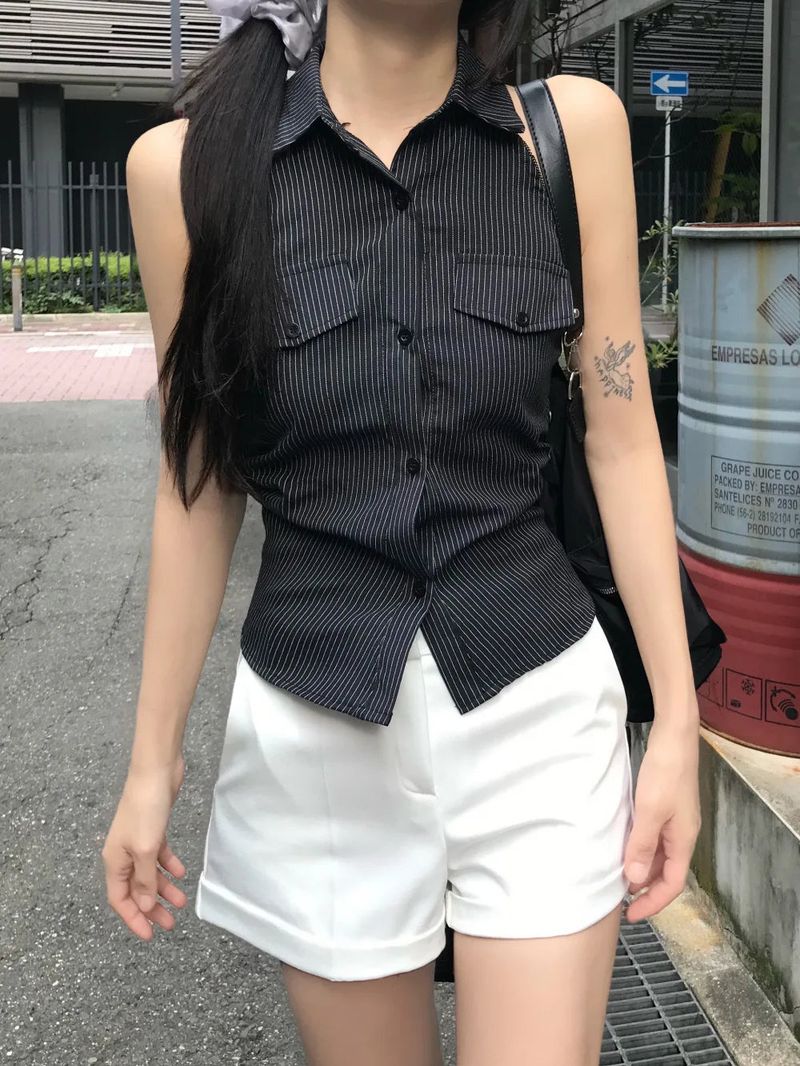 Niel Stripe Backless Halter Collar Shirt