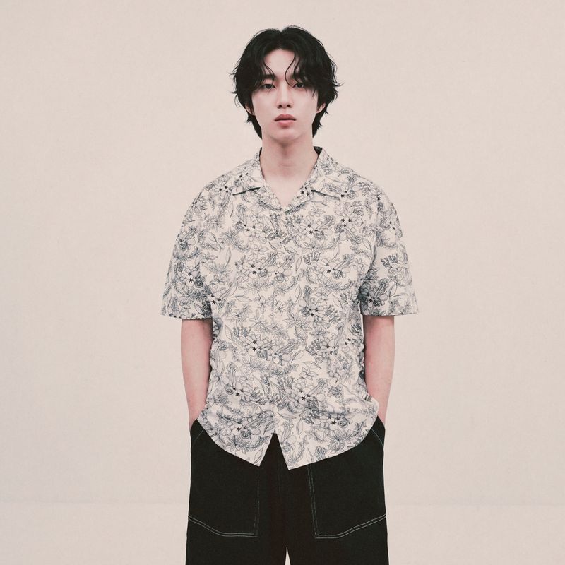 botanical drawing open collar shirt_ivory