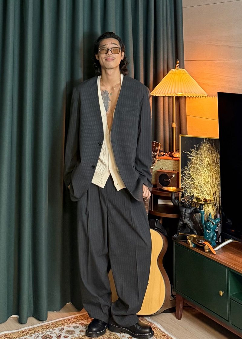 No-Collar Striped V-Zip Slacks 2COLOR