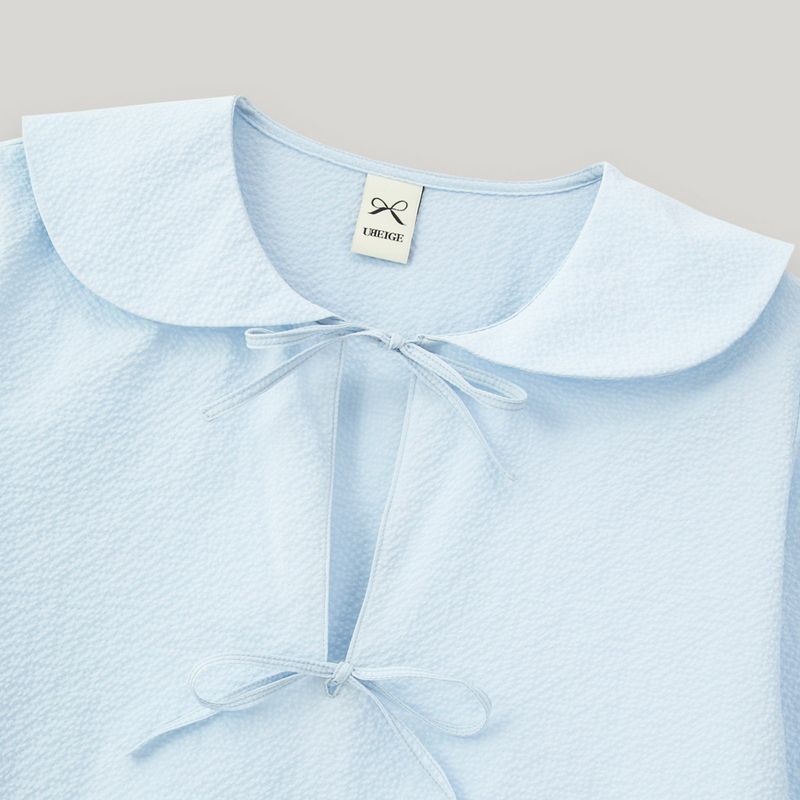 Sky Blue Seersucker Ribbon Blouse
