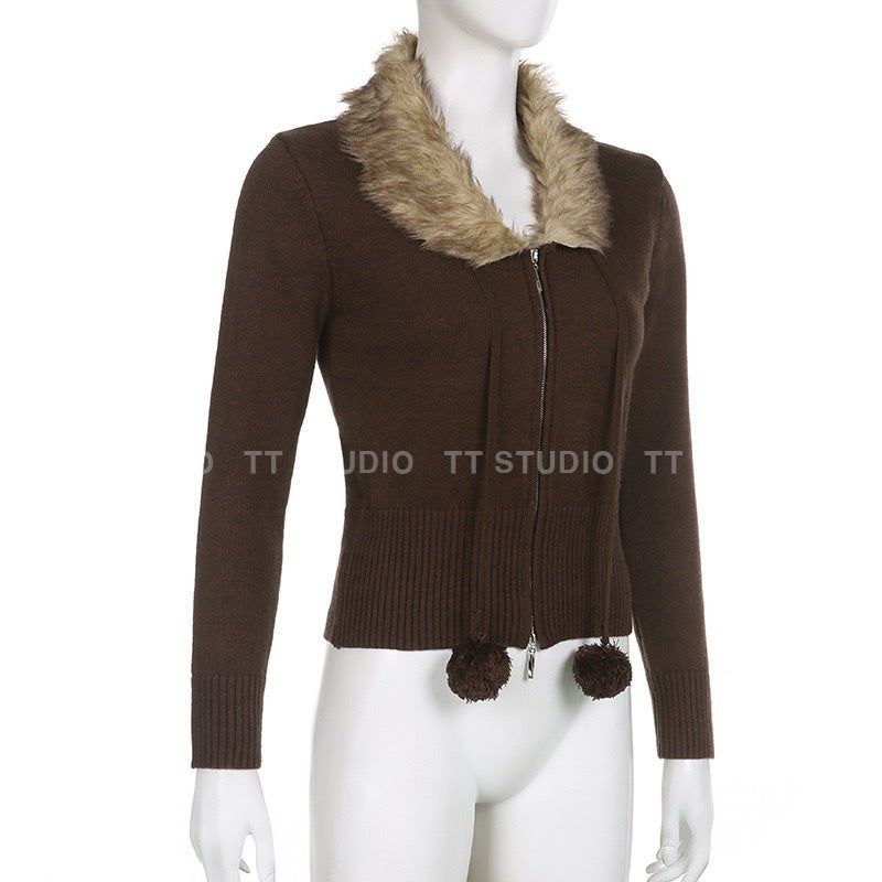Brown knit zip-up