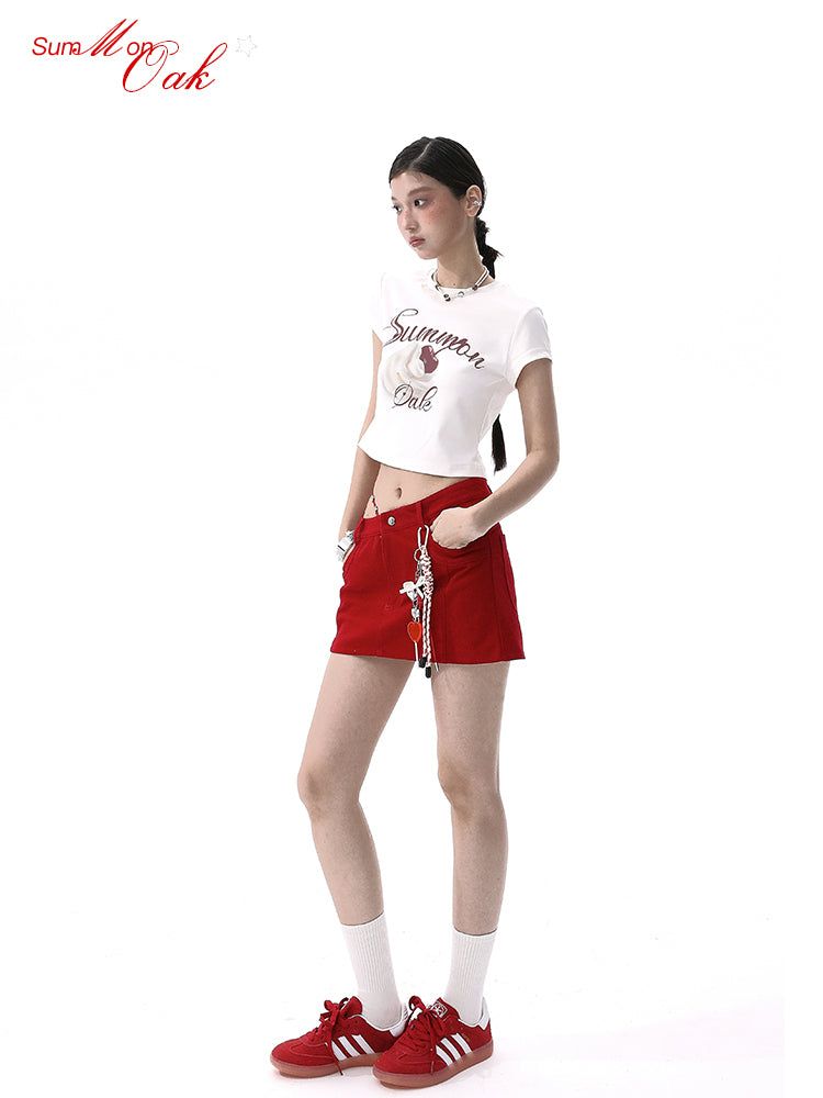 Y2KスタイルウエストシンチングスリムフィットプリントクロップトップストレートショルダーラウンドネックTシャツ