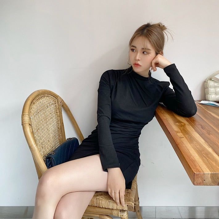 [SALE] Half-turtleneck shirring unbalanced dress