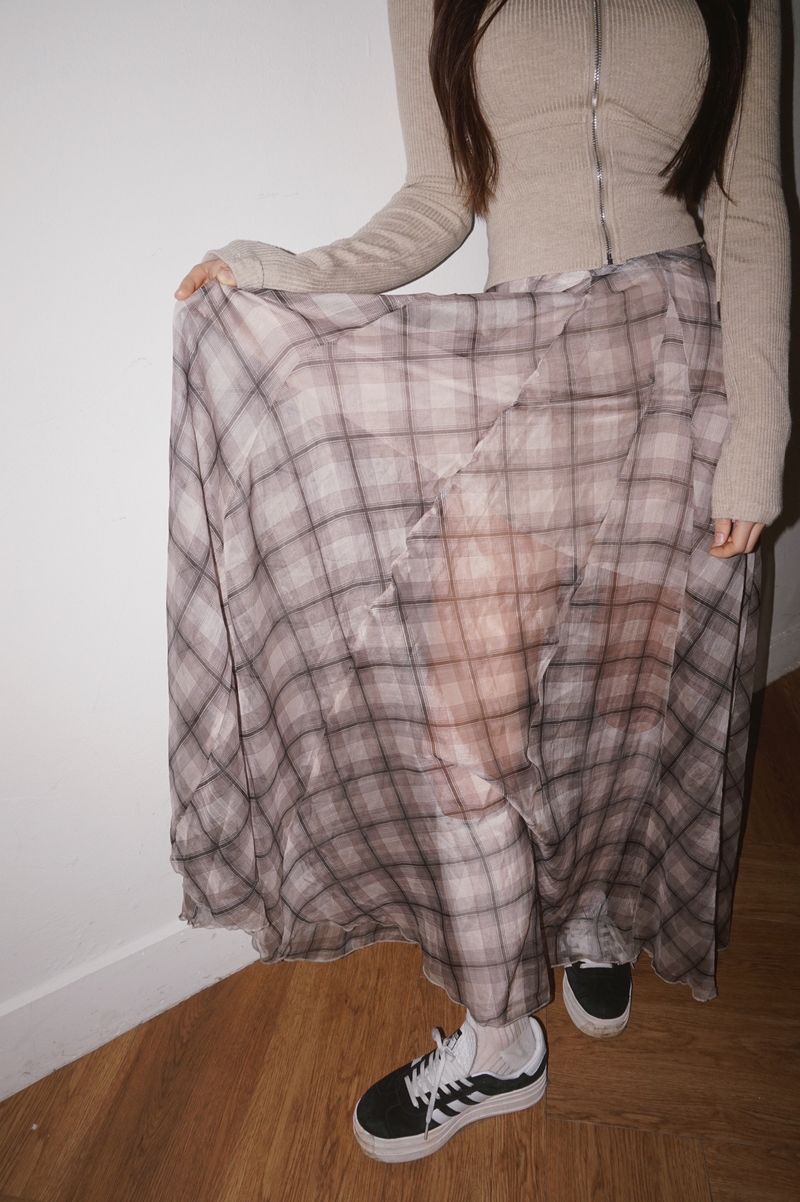 Long Check Chiffon Sharalla Skirt