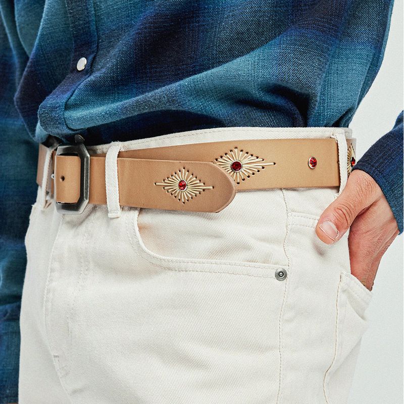 crystal stud & wax thread leather belt beige