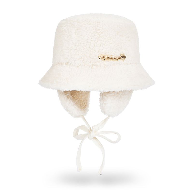 VARZAR Safety Pin Sherpa Fur Flap Bucket Hat / Ivory