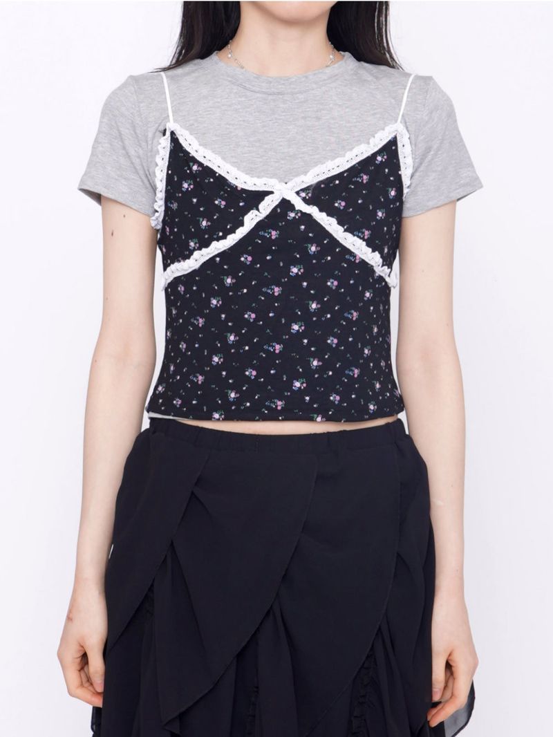 Cute Small Floral Lace Bustier Short Sleeve Set