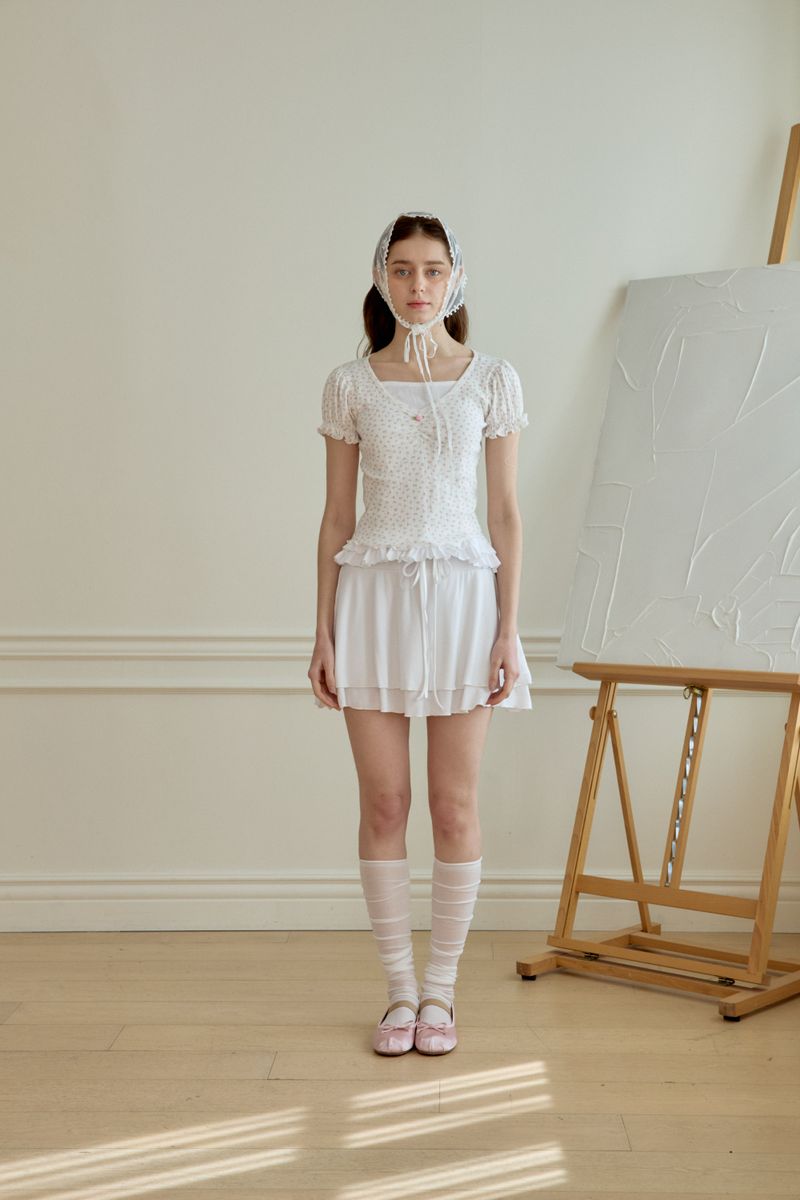 FLOWER SHIRRING PUFF T-SHIRT