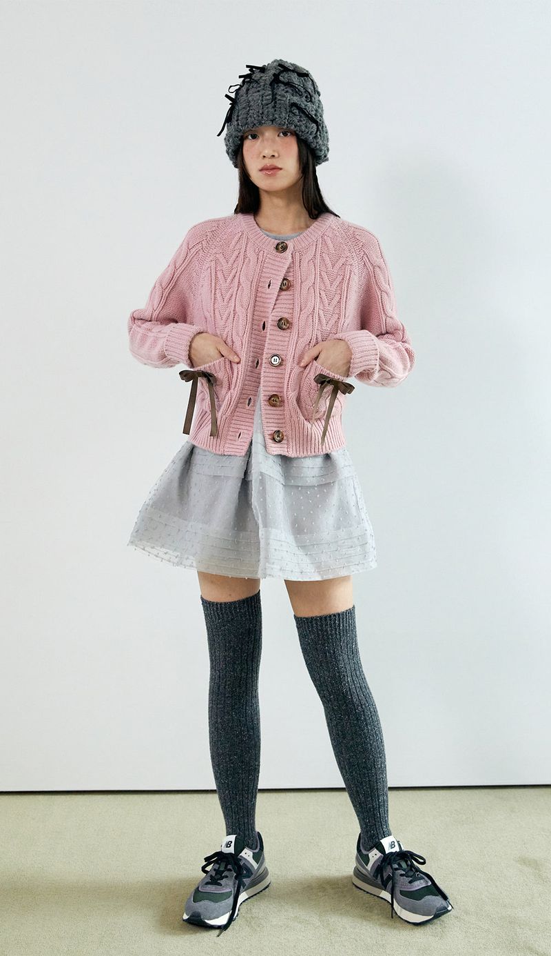 ribbon wool cable cardigan_pink