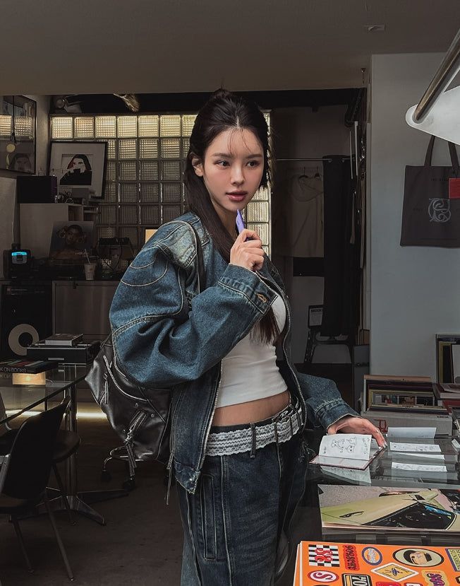 Ocean Washing Stitch Biker Denim Jacket