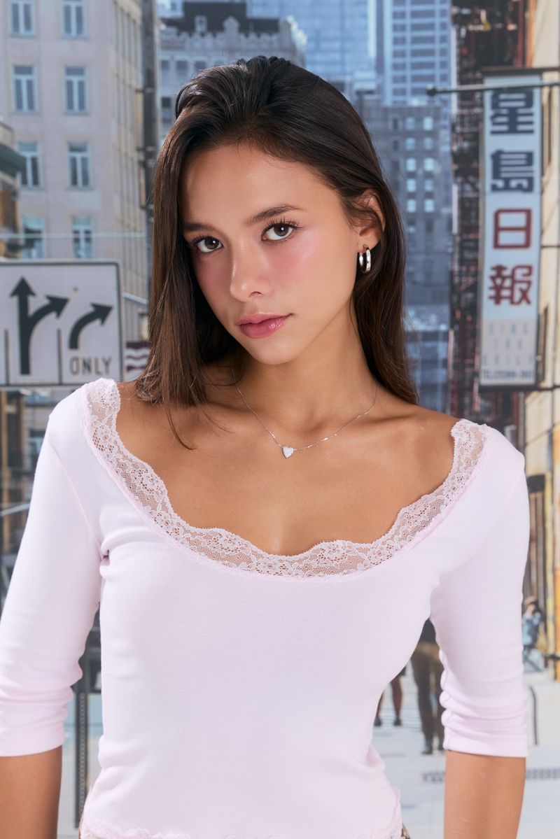 Sweetie Lace Trim 3/4 Sleeve Tee (Jelly Pink)
