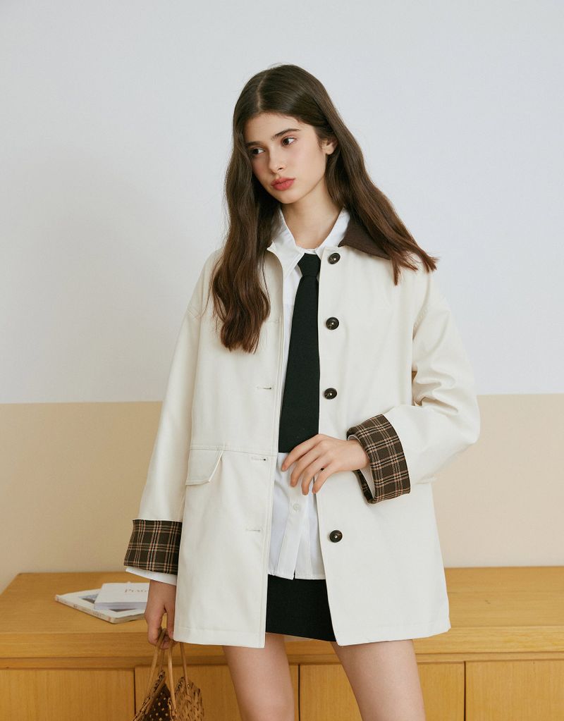 Preppy Checkered Sleeve Midi Trench Coat Ivory