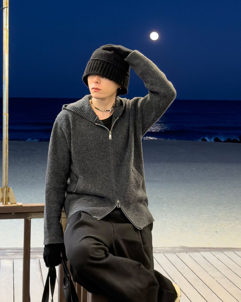 Merry wool knit hood zip-up