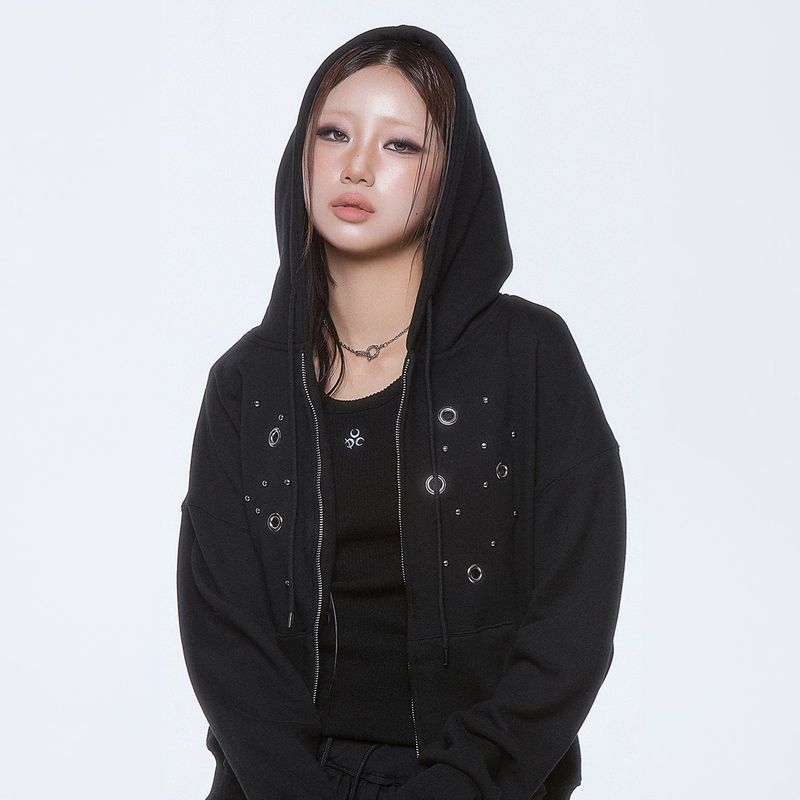 (DUC) Eyelet Stud Hoodie Zip-up Black