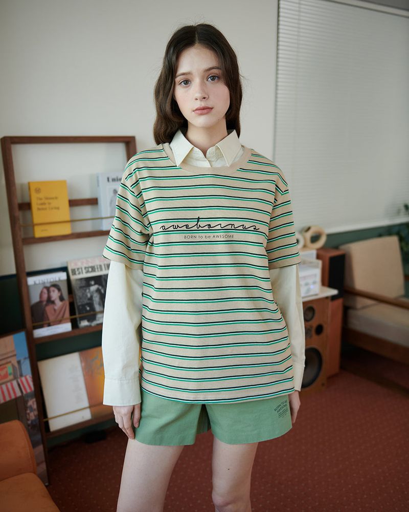STRIPE LOGO T-SHIRT [BEIGE]