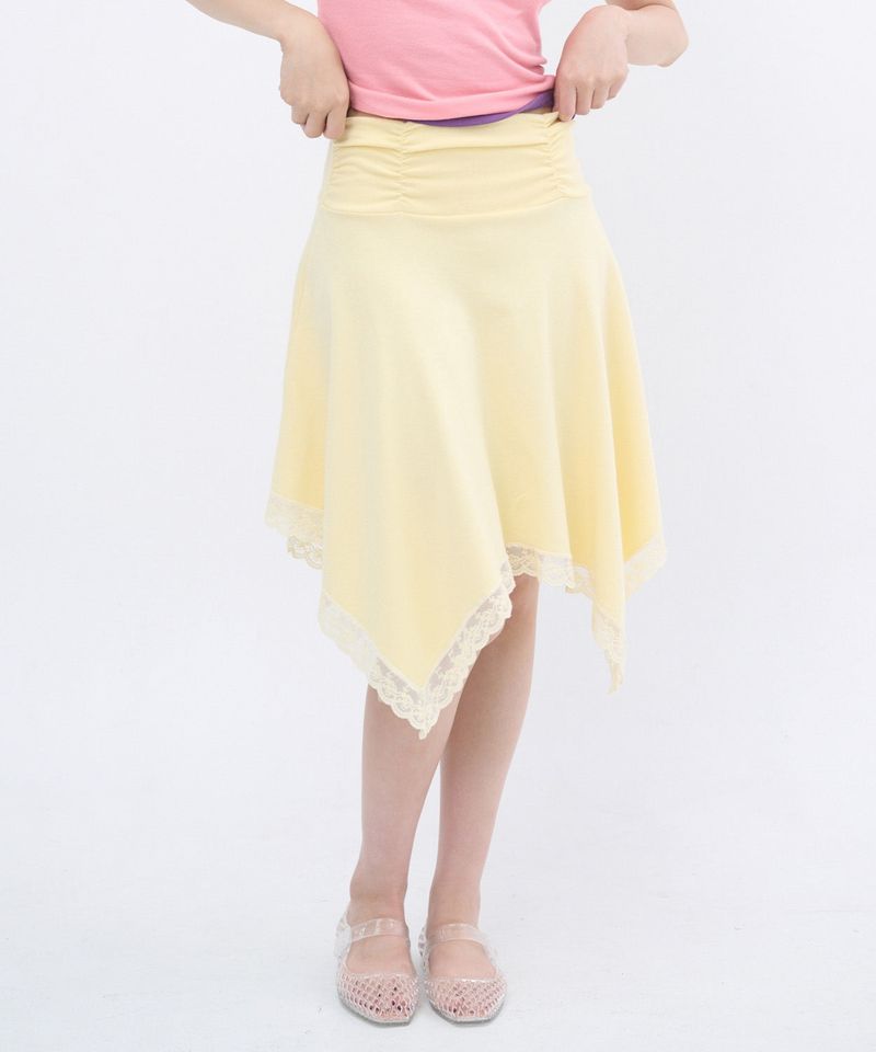 ITZAVIBE（イッザバイブ）の「LACE POINT UNBALANCED SKIRT - YELLOW（Skirts）」