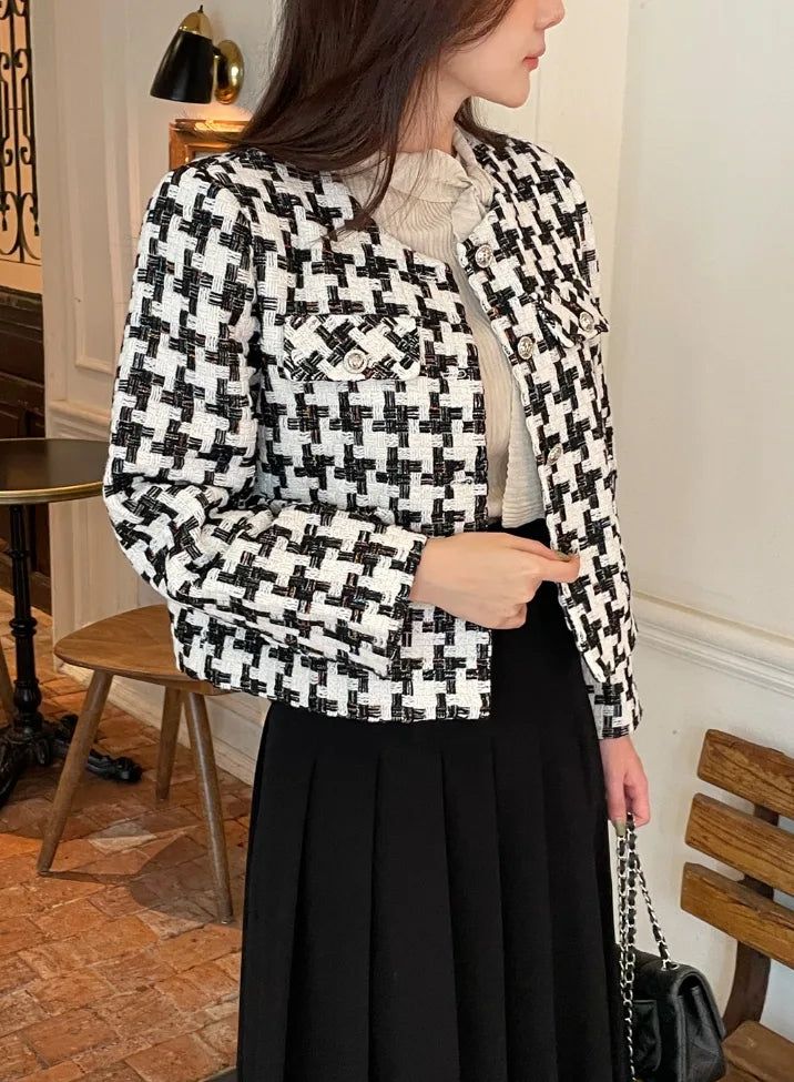 Carson Round-Neck Check Tweed Jacket