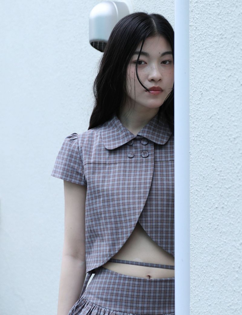 CHECKERED DOUBLE BLOUSE(BROWN)