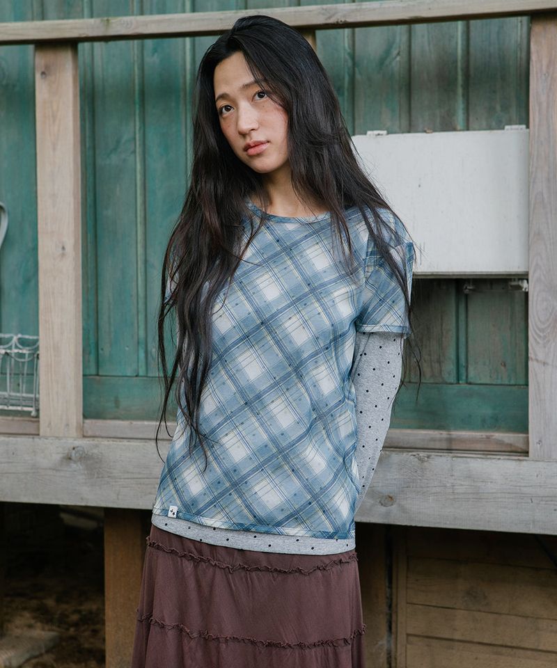 SHEER CHECK LAYERED LS TEE BLUE(CV2GFFT557A)