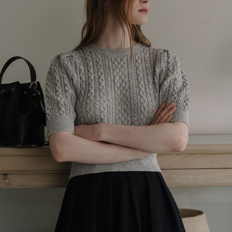 Cable Puff Sleeve Knit - Gray