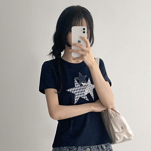 [Check Patch T-Shirt⭐] Three-Color Short Sleeve Tee (2 colors)