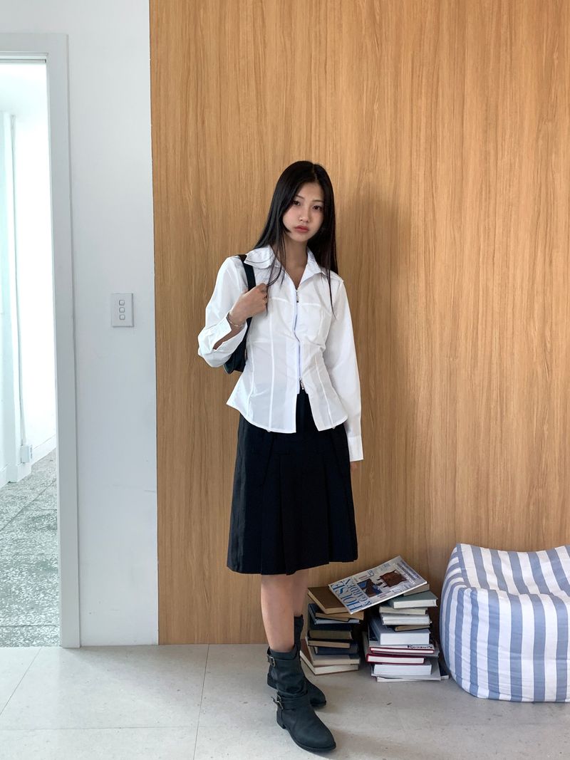 Philty strap cut-out zipper collar zip-up shirt jacket