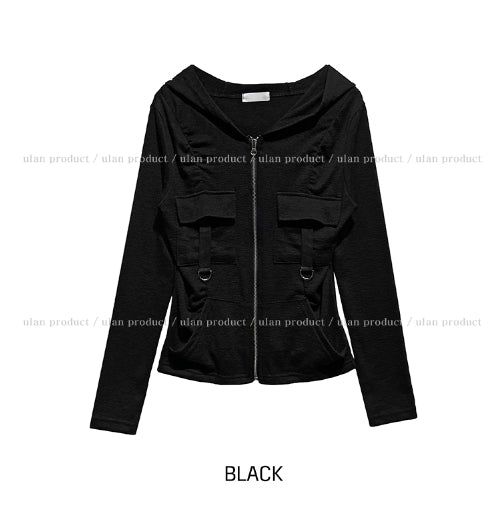 Caro Derring Strap Shirring Hooded Zip-Up