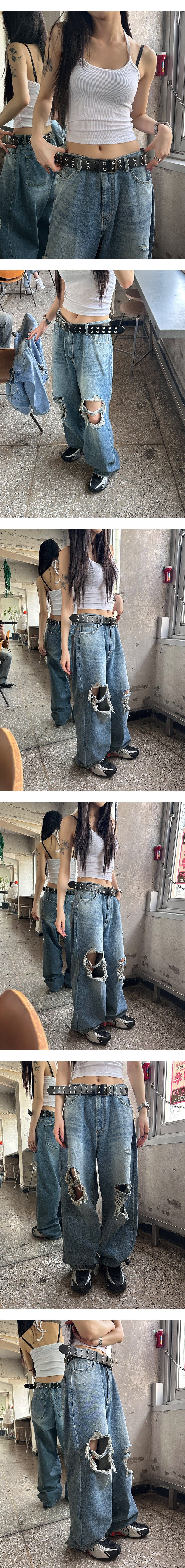  [Unisex] Knee destroyed wide denim pants