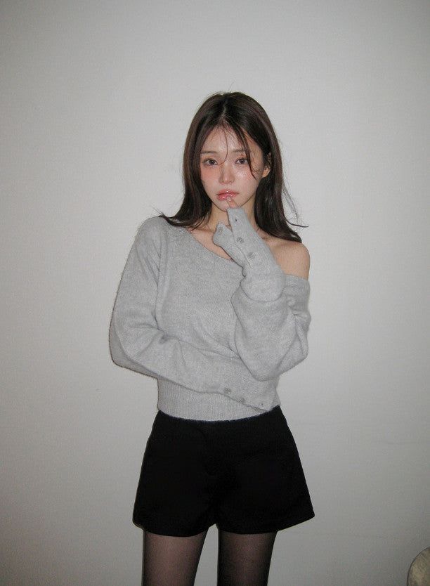 Wool Sleeve Button One Shoulder Knit (4color)
