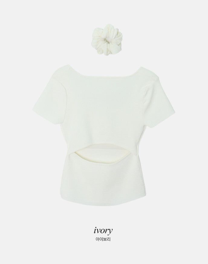 #Back Slit Square Short Sleeve Knit + Scrunchie Set (5color)