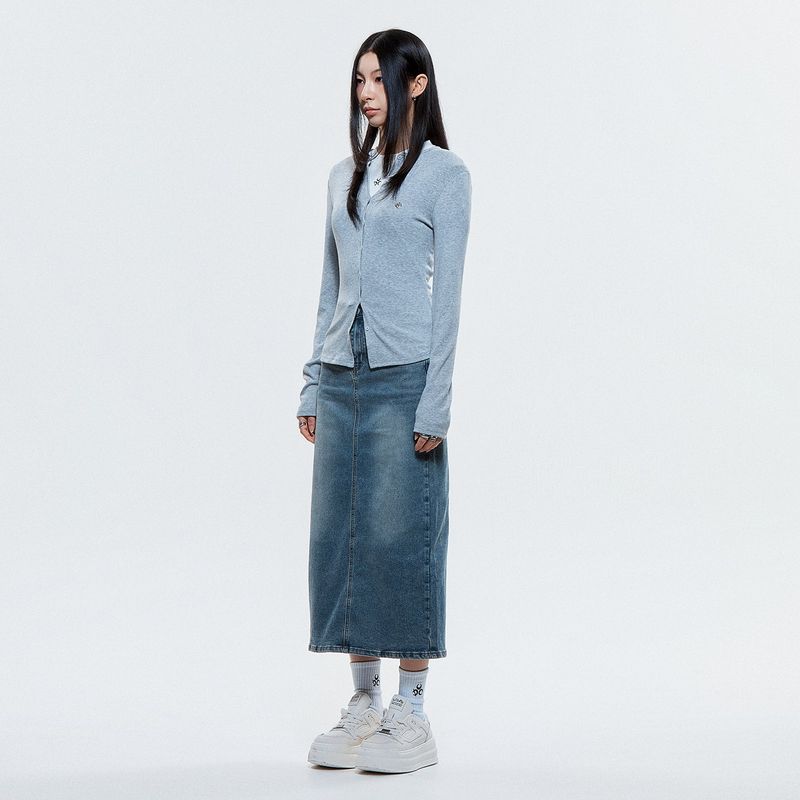 (DUC) Round-Neck Cardigan Gray