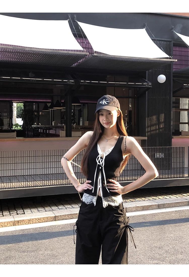 Black Lace Layered Vest Sleeveless Top