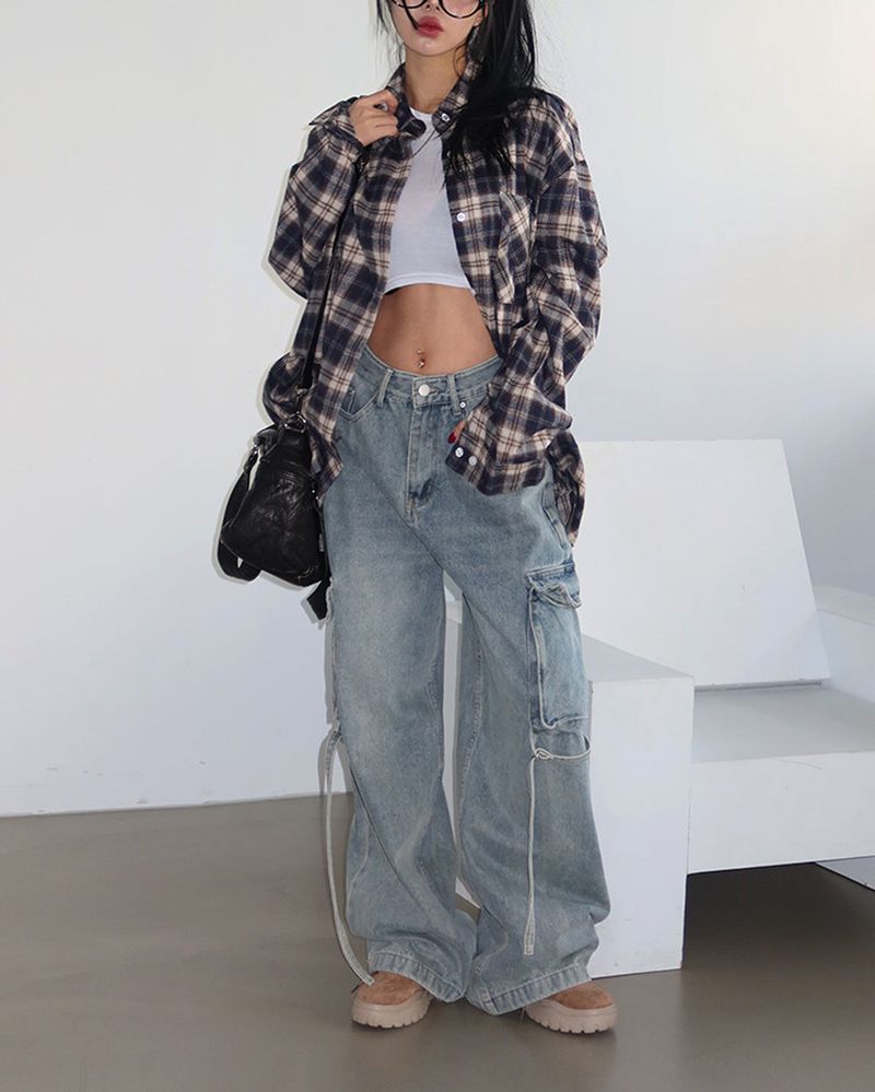 a navy checkered shirt