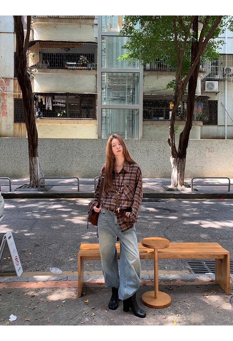 dereborujo（ドレボルゾー）の「Classic Checkered Brown Long Sleeve Shirt（Tops）」