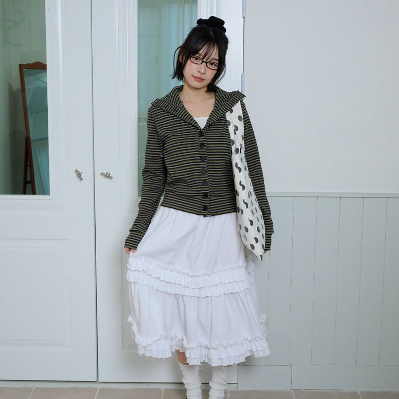 STRIPED HIGH NECK BUTTON CARDIGAN - OLIVE