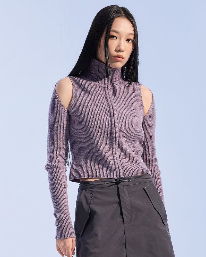 MOAA（モア）の「ショルダー カットアウト ニット ジップアップ（トップス）」