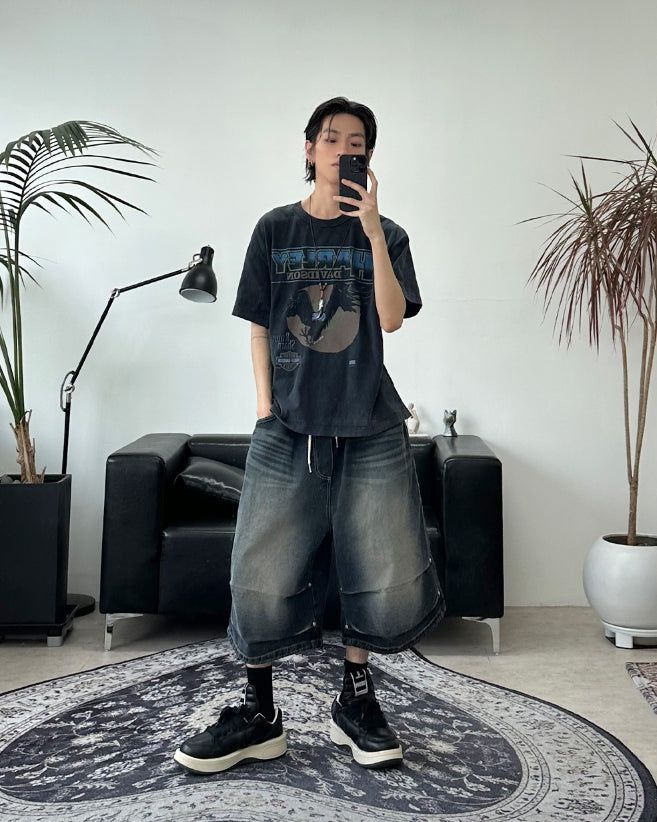 Epearl pintuck Bermuda denim pants