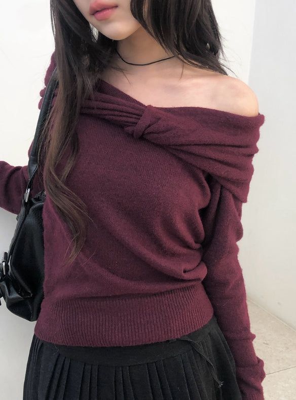 Helen Off-Shoulder Ribbon Twist Loose-Fit Knit
