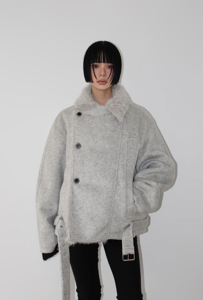 (3oz Quilting) FUR-COLLAR DOUBLE SHORT COAT