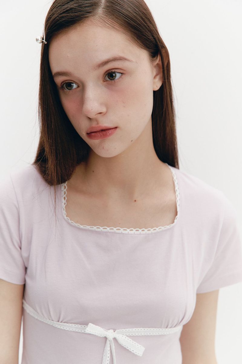 Lace Ribbon Shirring Top Pink
