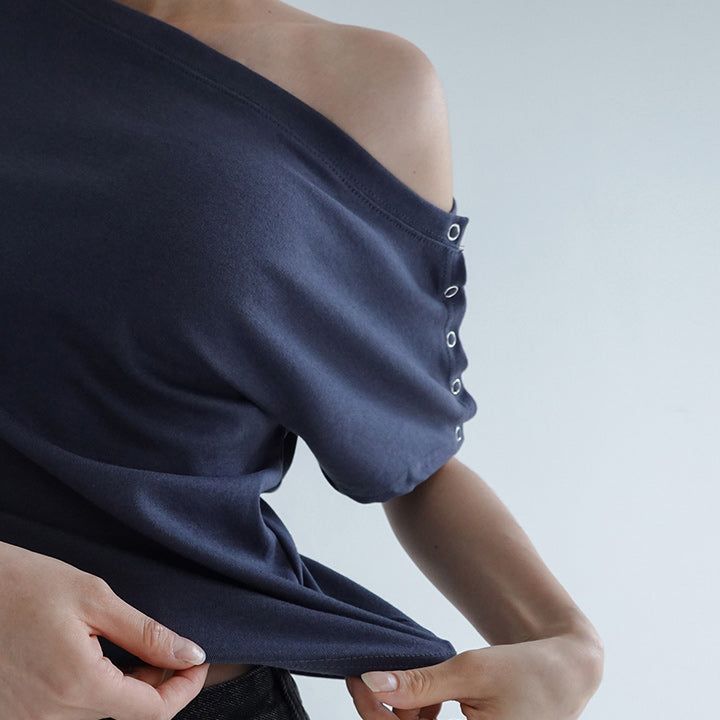 [Radiff] snap button one shoulder short-sleeved T-shirt - 4 color