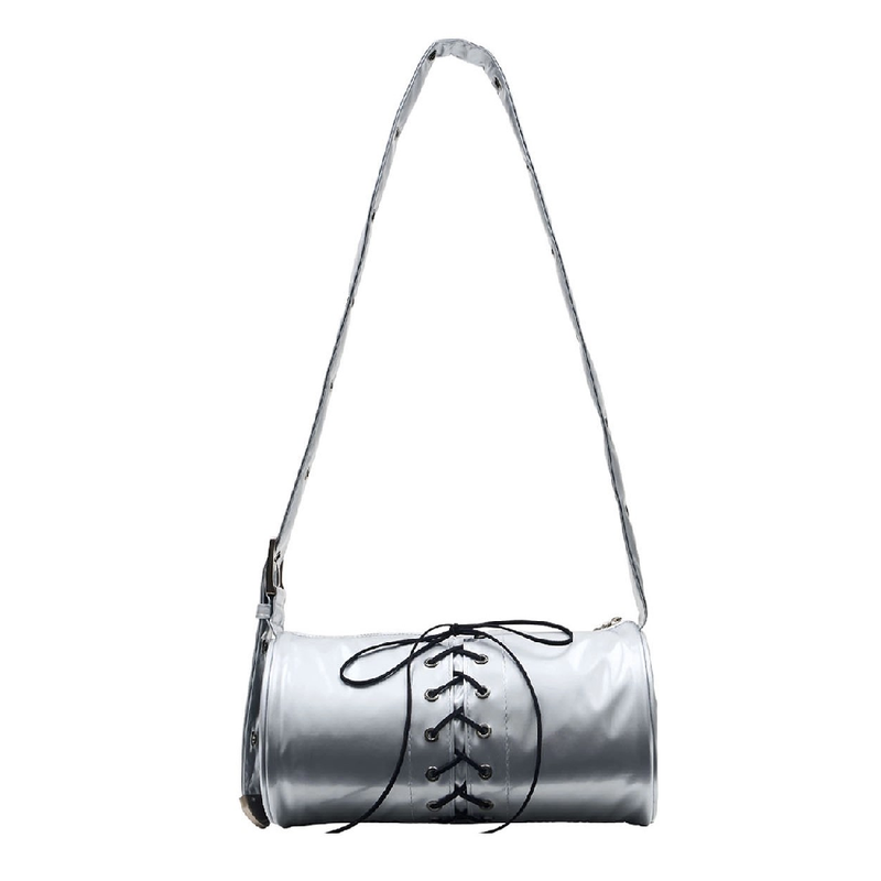 2WAY BELTED STRAP BARREL BAG SMALL_GLOSSY SILVER