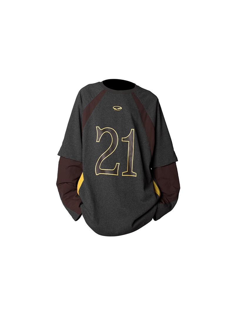 RELABEL（リレーベル）の「シェイピングカット＆スプライシングマルチマテリアルフェイクツーピースTシャツ（トップス）」