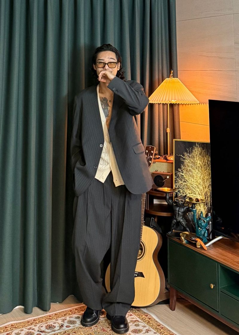 No-Collar Striped V-Zip Slacks 2COLOR