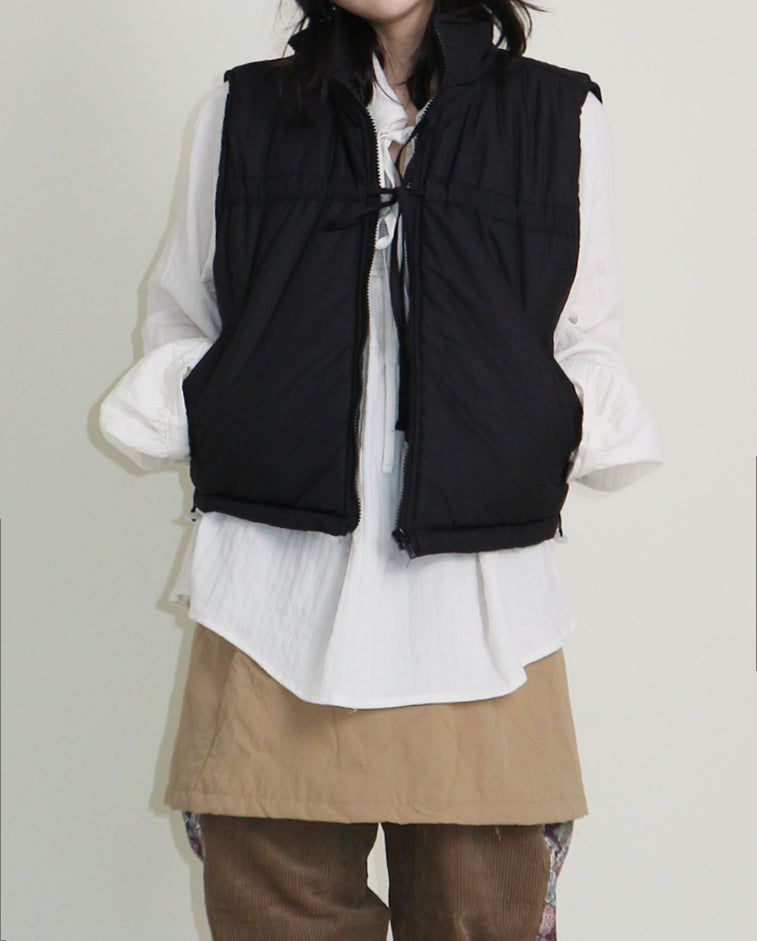 Teddy Ribbon Knot High Neck Cropped Padded Vest (6 ounces)