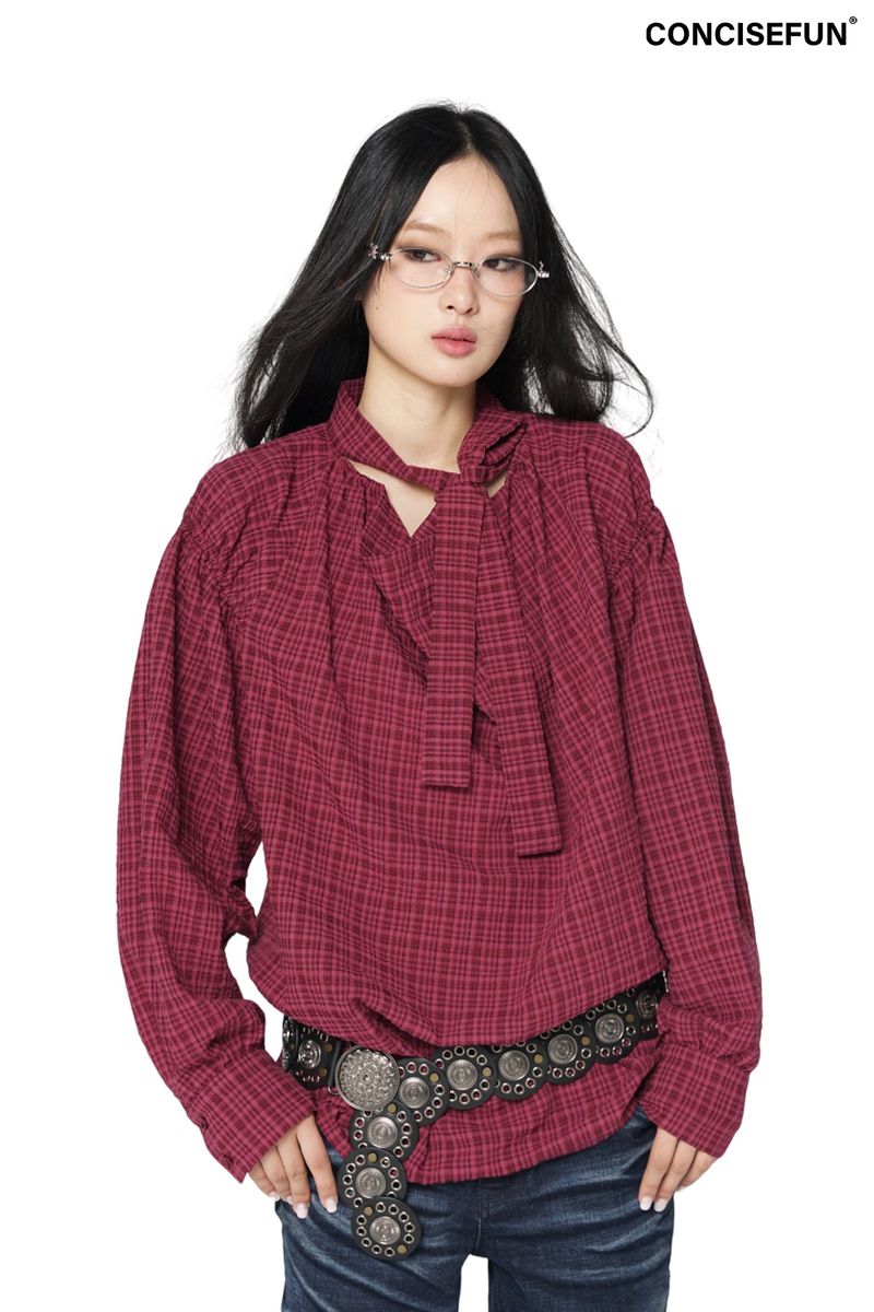 CONFUN（コンファン）の「CONFUN Loose Lazy Irregular Collar Plaid Shirt with Ribbon Tie（Tops）」