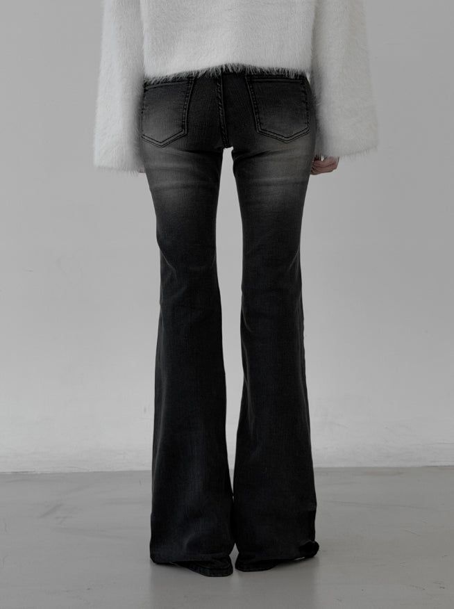 Belted washed bootcut black denim