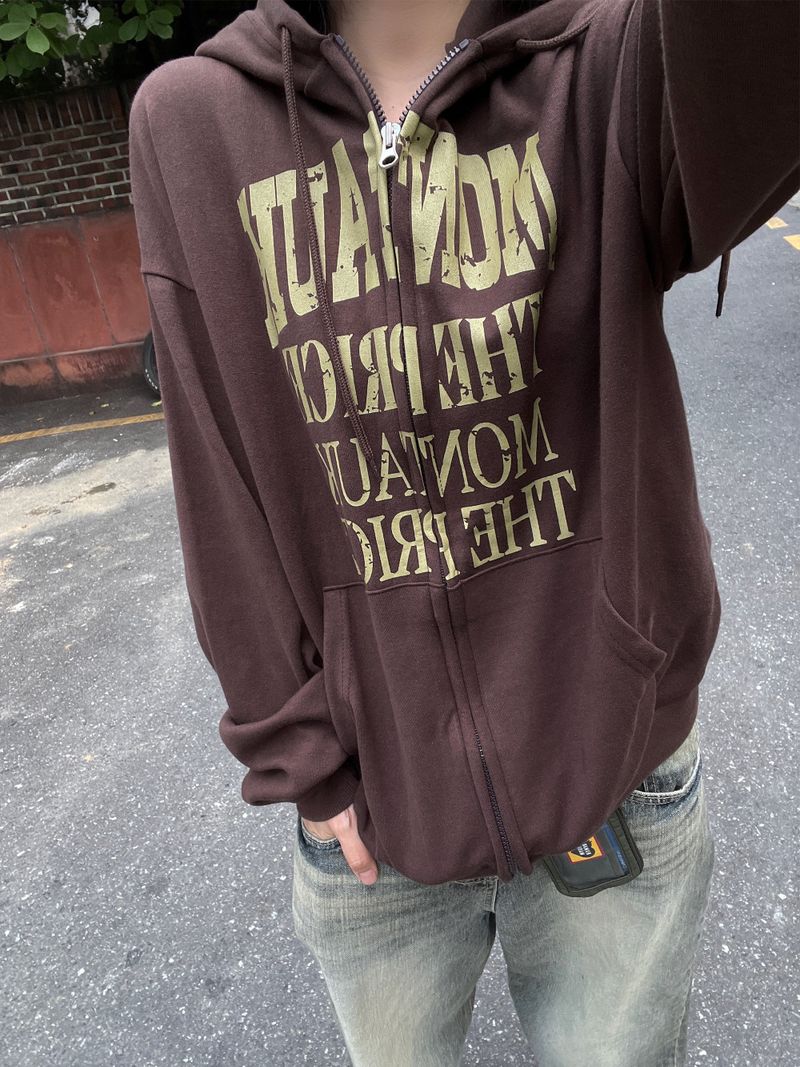 heenytsuki(ヒニツキ)の「Crack Vintage Lettering Hooded Zip-Up(Tops)」
