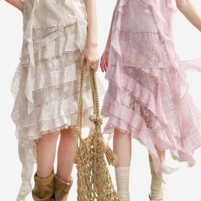 La mode MAQI（ラ モード マキ）の「MAQI Frill Lace Asymmetrical Chiffon Resort Look Tiered Long Skirt（Skirts）」