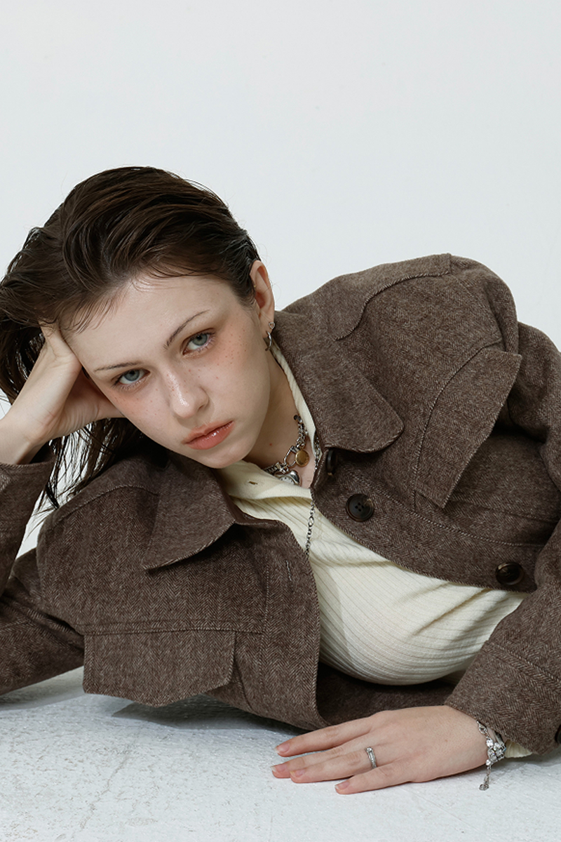 HERRINGBONE HALF COAT_BROWN